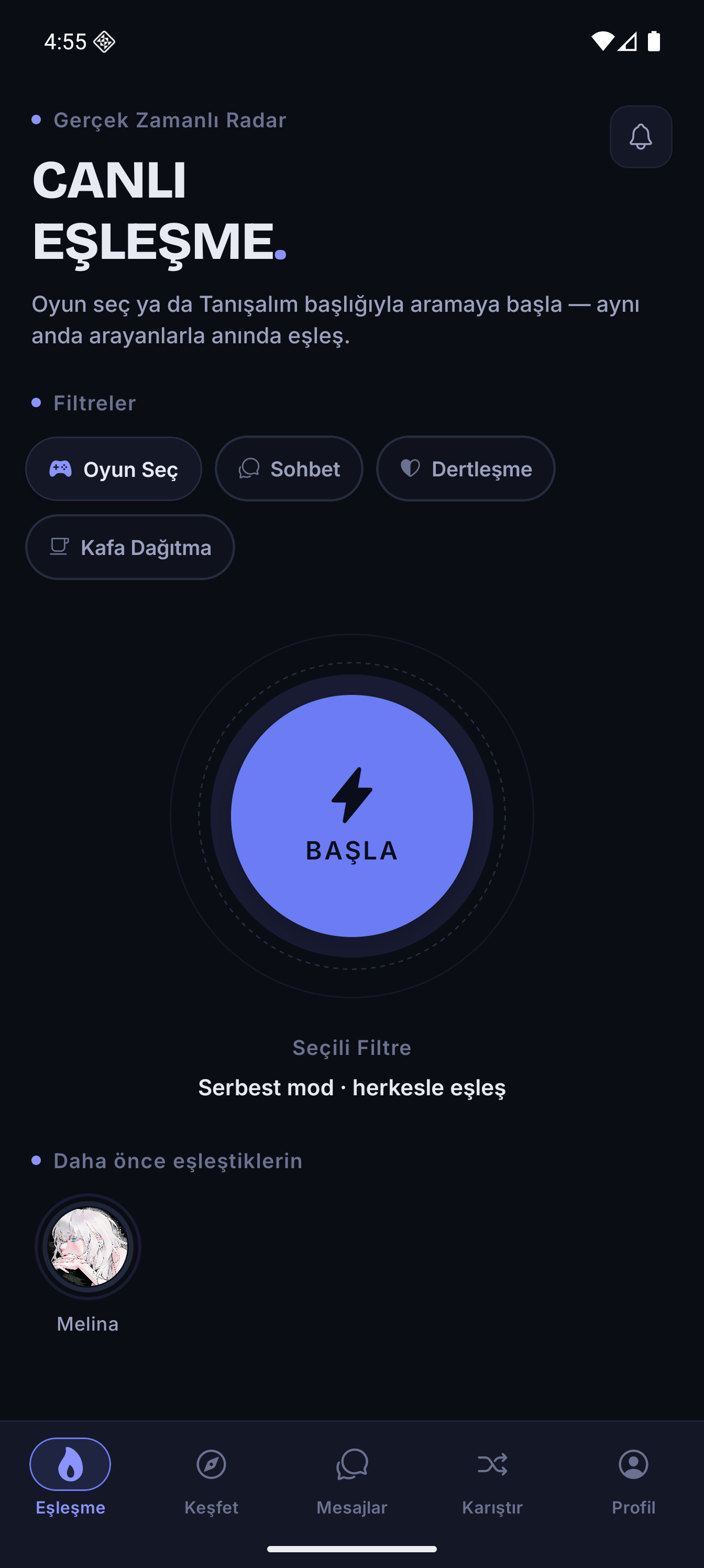 Canlı eşleşme — BAŞLA