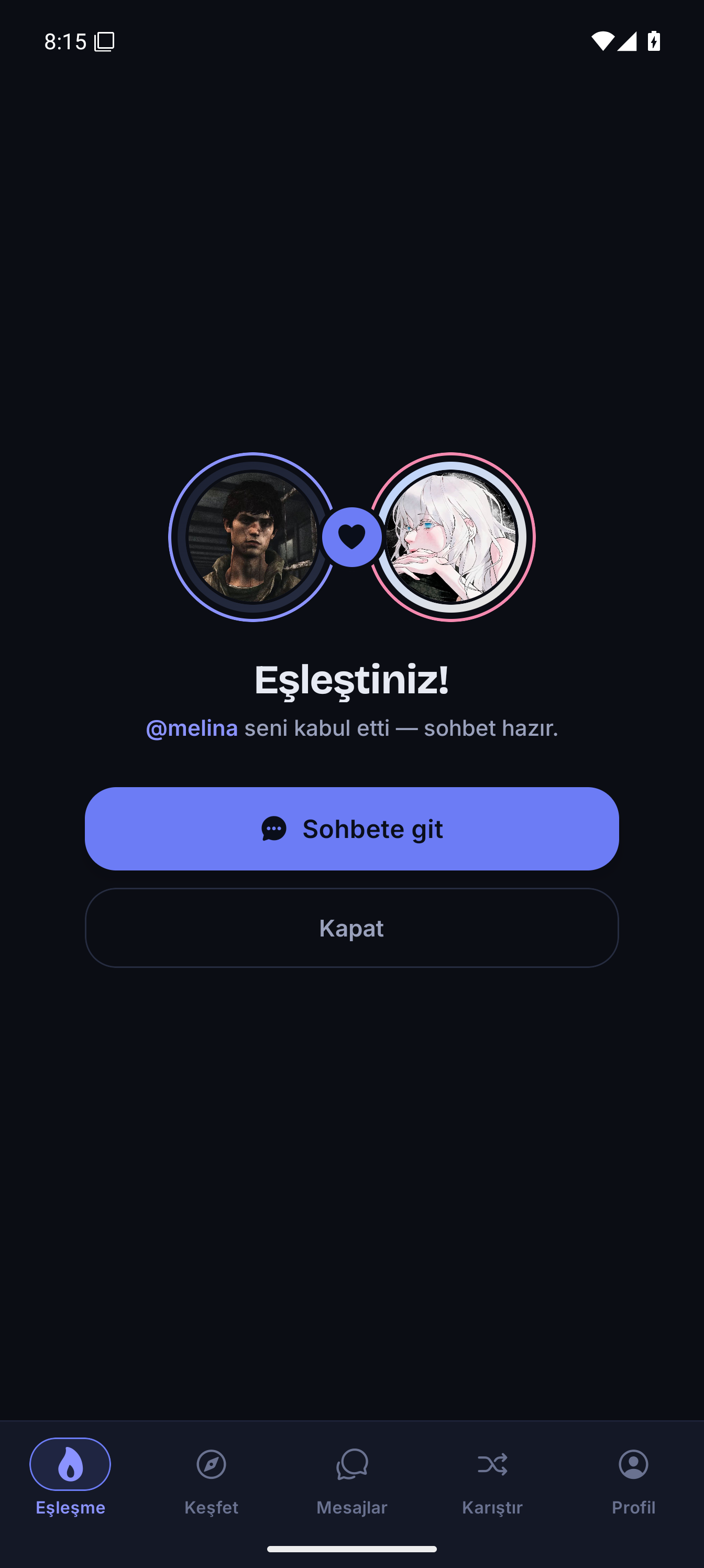 Chat2Game uygulamasında Dash ve Melina eşleşme başarı ekranı